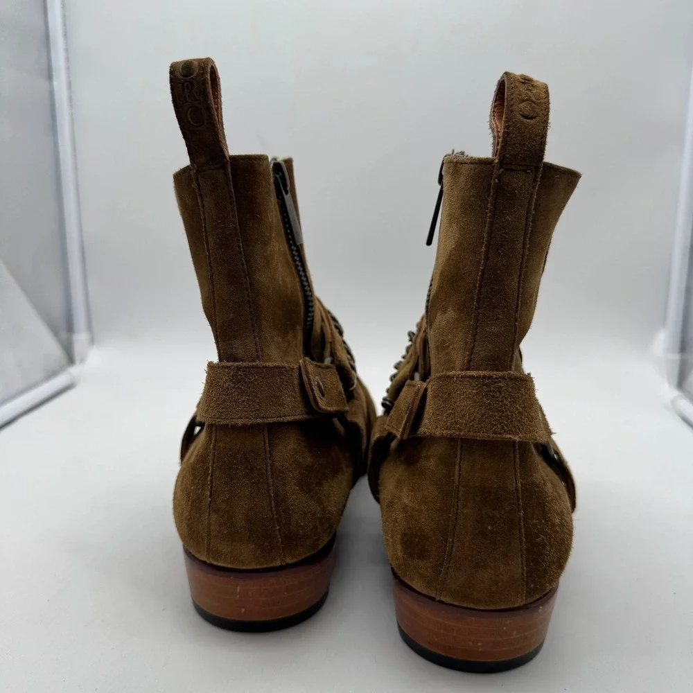 ORO Henrik Harness Boot Las Angeles Size 7 Men Brown Suede Zipper Biker w/ Chain